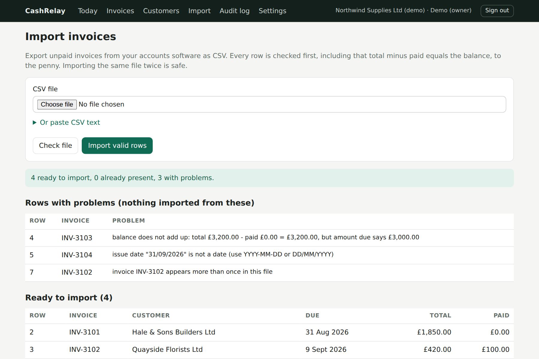 The import screen listing rows with problems